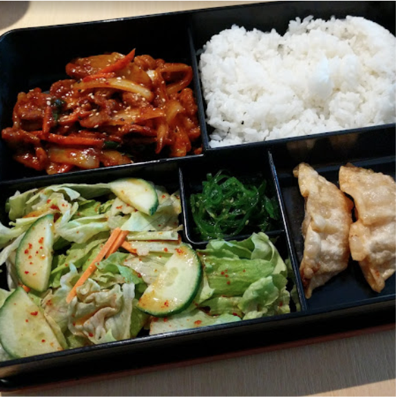 Dumpling and pork platter with rice and salad