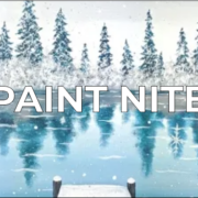 a painting of a lake with trees and snow.