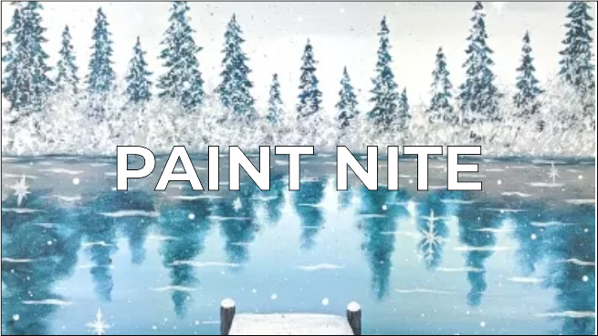 a painting of a lake with trees and snow.