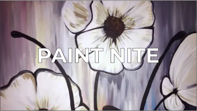 a painting of white flowers with the words paint nite.