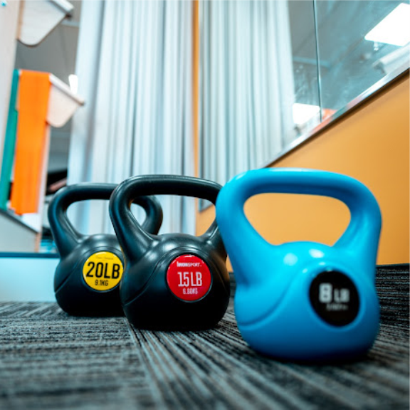 physiotherapy room with kettlebells