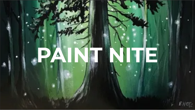 a painting of a forest with trees and stars.