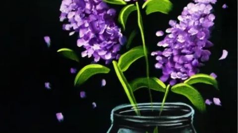 painting of lilacs against black background