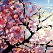 painting of cherry blossom tree against blue sky