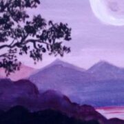 detail of purple painting of lake, tree, and mountains