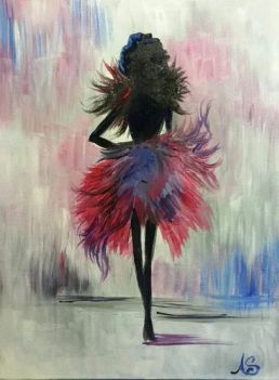 abstract painting of woman walking away wearing feathered skirt