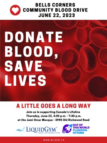 a red and white flyer for a blood drive.