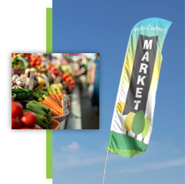 Flag for Bells corners market, with inset image of vegetables
