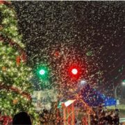 confetti being released at christmas tree lighting