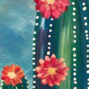 a painting of a cactus with flowers on it.