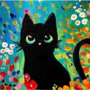 a painting of a black cat sitting in a field of flowers.