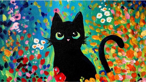 a painting of a black cat sitting in a field of flowers.