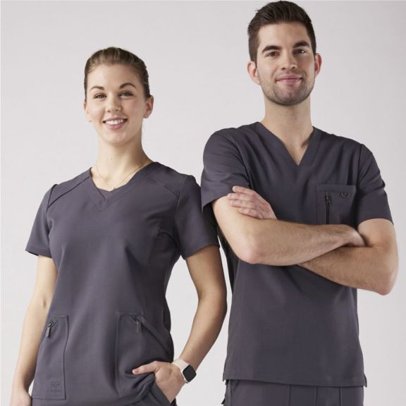 a man and a woman in scrubs standing next to each other.