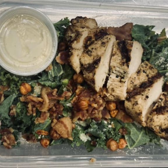 grilled chicken on kale salad with chickpeas