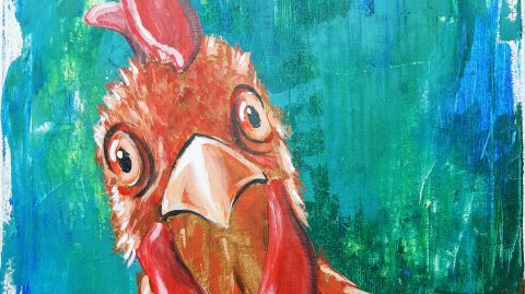a painting of a rooster on a green background.