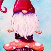a painting of a gnome sitting on top of a mushroom.
