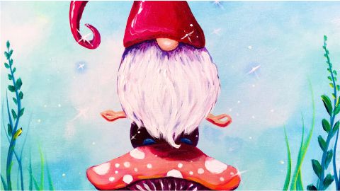a painting of a gnome sitting on top of a mushroom.