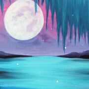 a painting of a full moon over a lake.