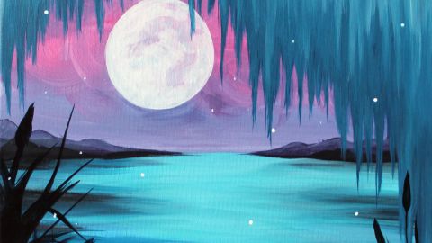 a painting of a full moon over a lake.