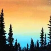 a painting of a sunset with trees in the foreground.