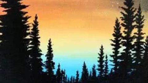 a painting of a sunset with trees in the foreground.