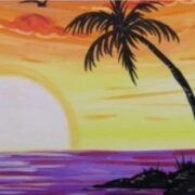 a painting of a sunset with palm trees.