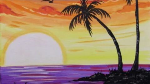 a painting of a sunset with palm trees.