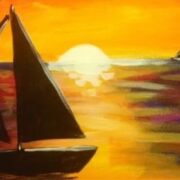 a painting of a sailboat in the ocean at sunset.