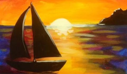 a painting of a sailboat in the ocean at sunset.