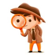 a cartoon character looking through a magnifying glass.