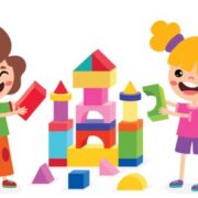 two children playing with building blocks on a white background.