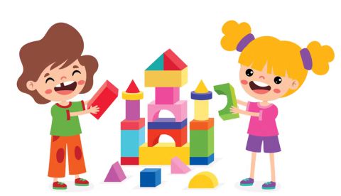 two children playing with building blocks on a white background.