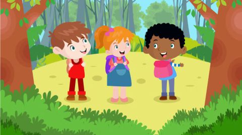 cartoon kids in the woods with backpacks.