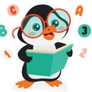a penguin wearing glasses is reading a book.