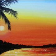 A painting of a sunset with palm trees.