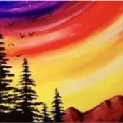 A painting of a sunset with trees and birds.