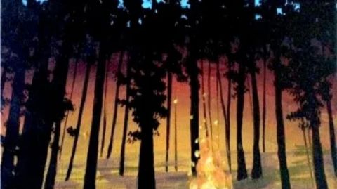 A painting of a campfire in the woods.