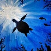 A painting of a turtle in the ocean.