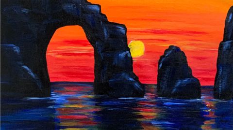 A painting of a sunset with two rocks in the water.