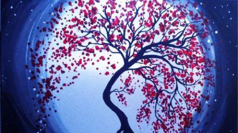 A painting of a tree with red leaves on it.