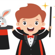 A boy dressed as a magician with a rabbit and a hat.