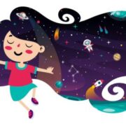 A cartoon girl with long hair is flying in space.