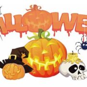 A halloween banner with pumpkins and a spider.