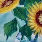 A painting of sunflowers in a glass vase.