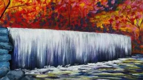A painting of a waterfall in the fall.