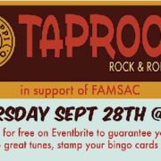 A flyer for the taproom rock and roll bingo fundraiser.