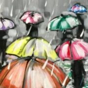 A painting of people holding umbrellas in the rain.
