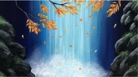 A painting of a waterfall with autumn leaves.