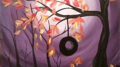 A painting of a tree with a tire hanging from it.