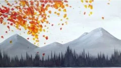 A painting of a mountain with fall leaves in the background.